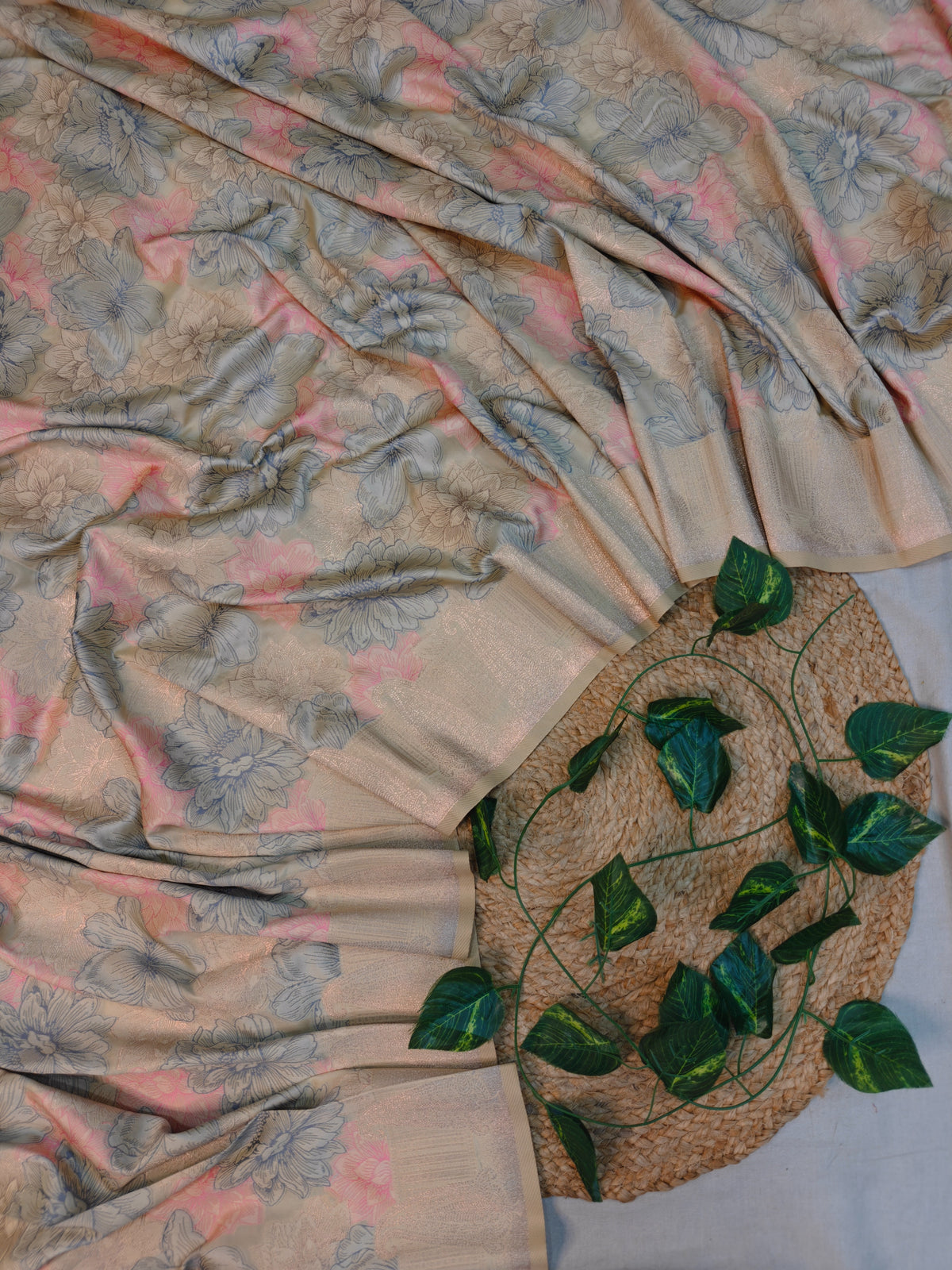 BANARASI SILK IN CREAM COLOUR WITH POSITION PRINT DESIGNING