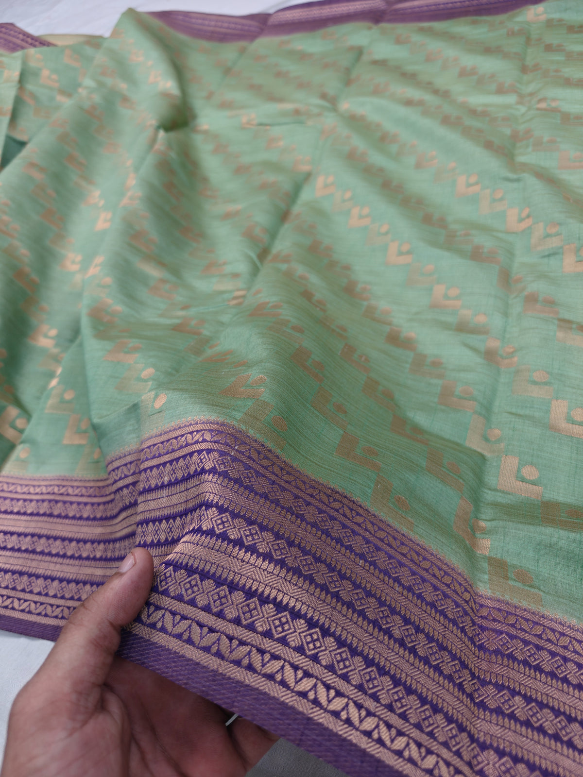 TUSSAR SILK PISTA GREEN WITH PURPLE BORDER