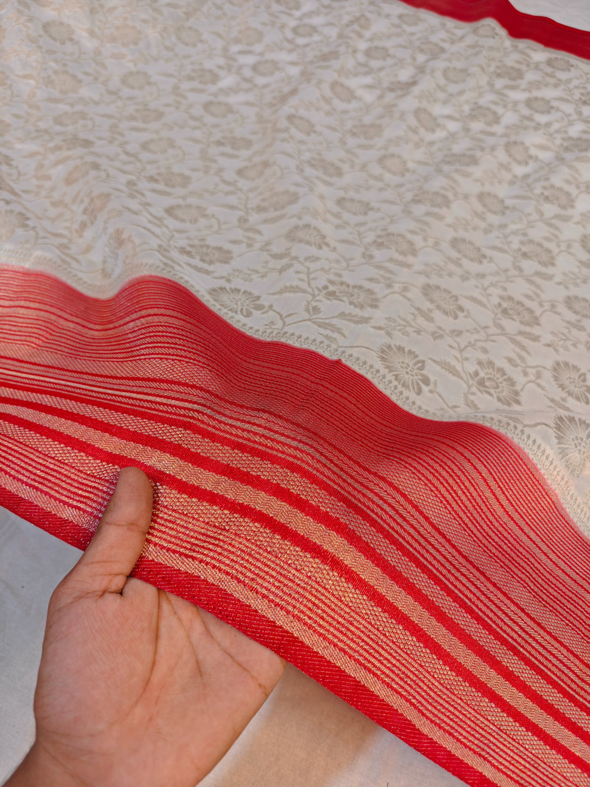 RAW SILK WHITE WITH GOLDEN AND CHERRY RED ZARI BORDER
