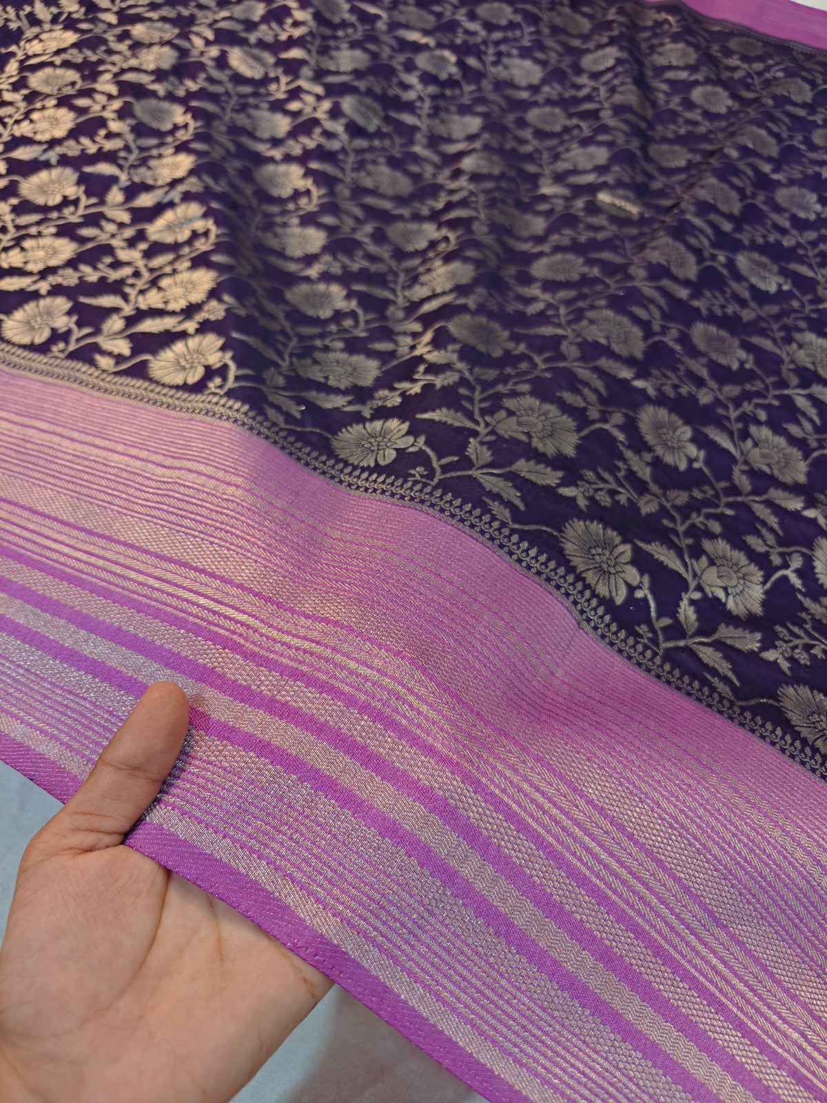 RAW SILK SAREE PURPLE WITH GOLDEN ZARI FLORAL BORDER