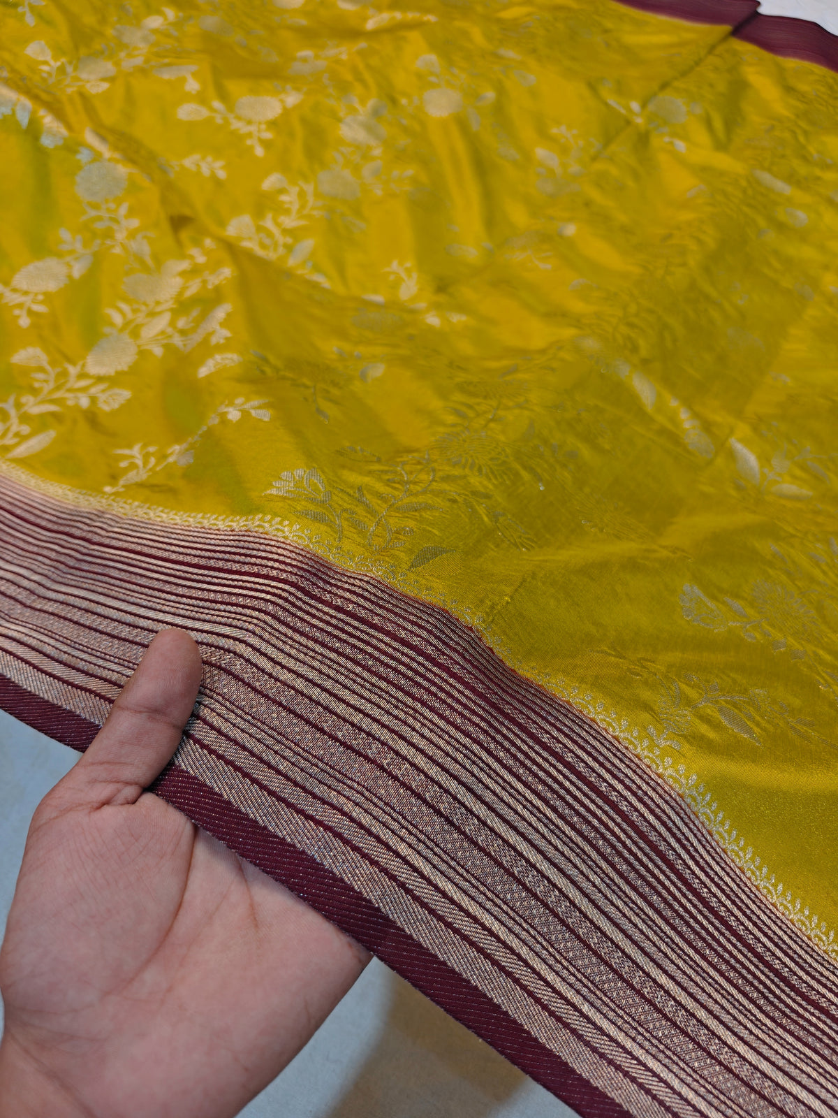 RAW SILK VIBRANT YELLOW WITH GOLDEN FLORAL ZARI BORDER