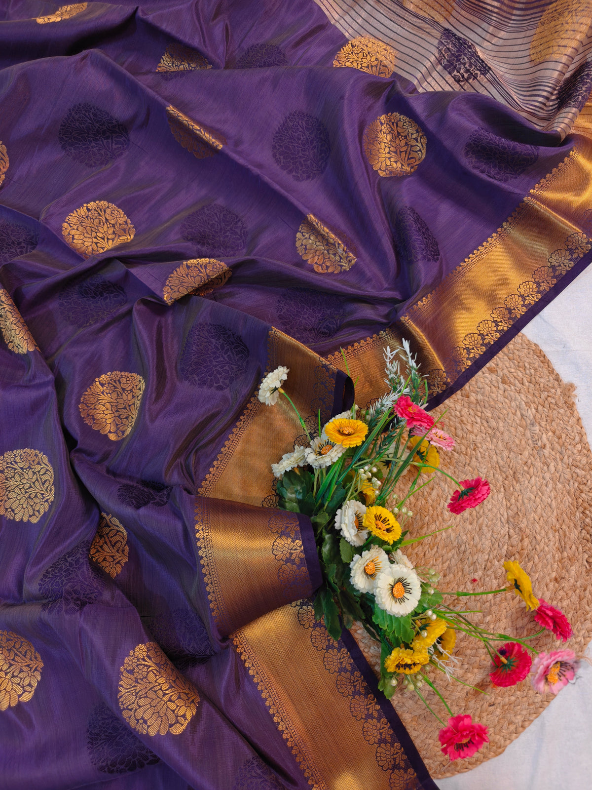 DOLA SILK DARK PURPLE WITH GOLDEN ZARI BORDER