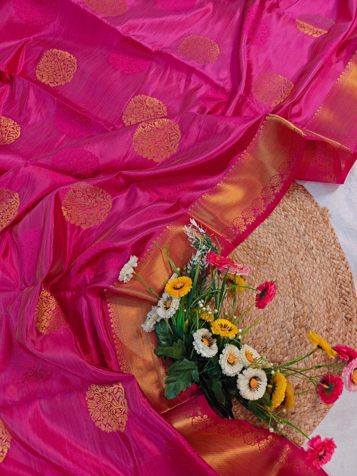 DOLA SILK HOT PINK WITH GOLDEN ZARI BORDER