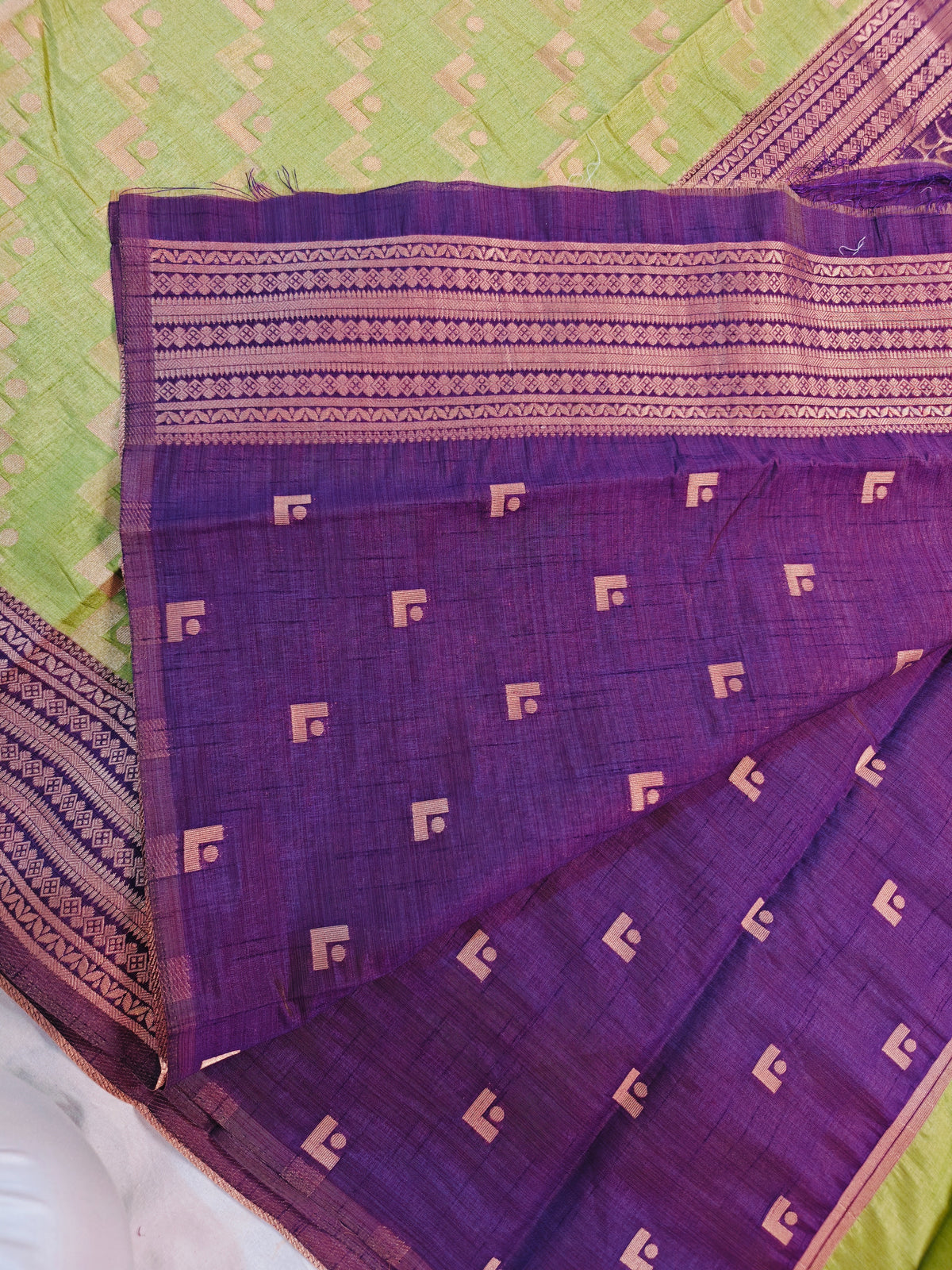 TUSSSAR SILK SEA GREEN WITH GOLDEN BUTI WEAVING BORDER