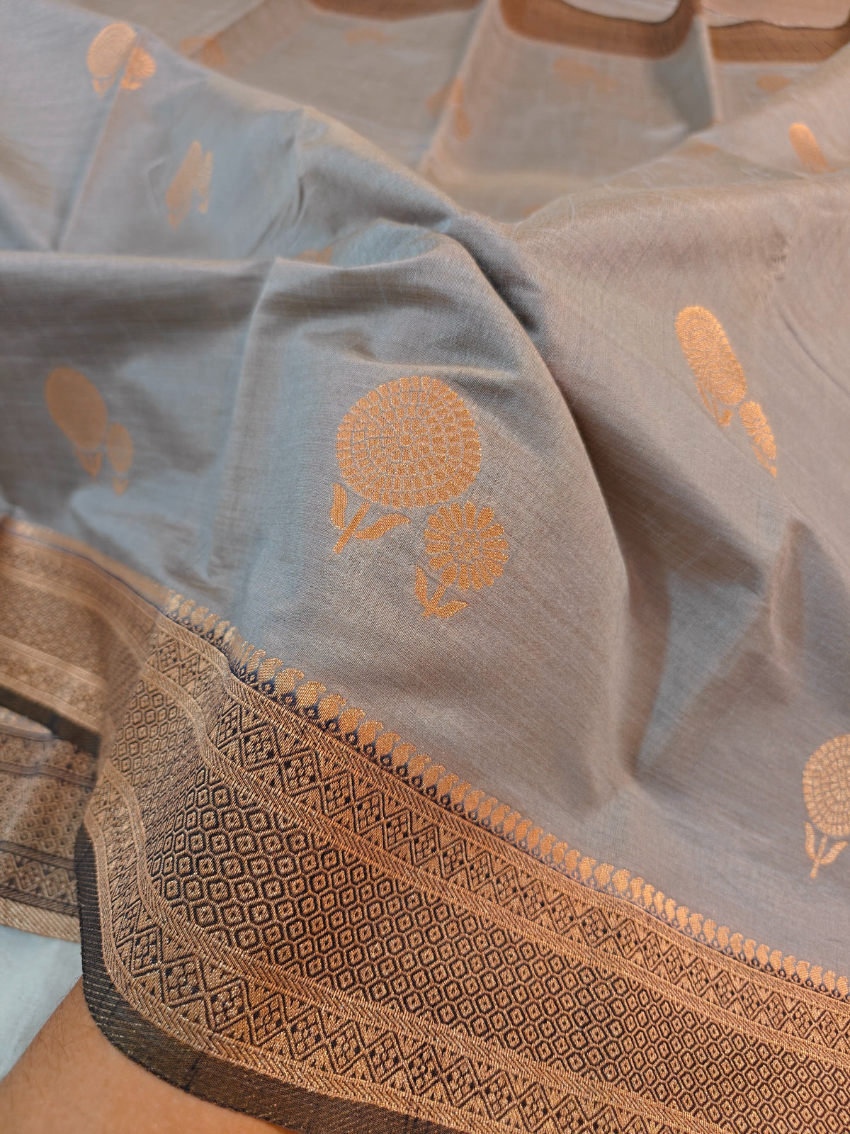 TUSSAR SILK ICY GREY WITH GOLDEN ZARI FLORAL BORDER