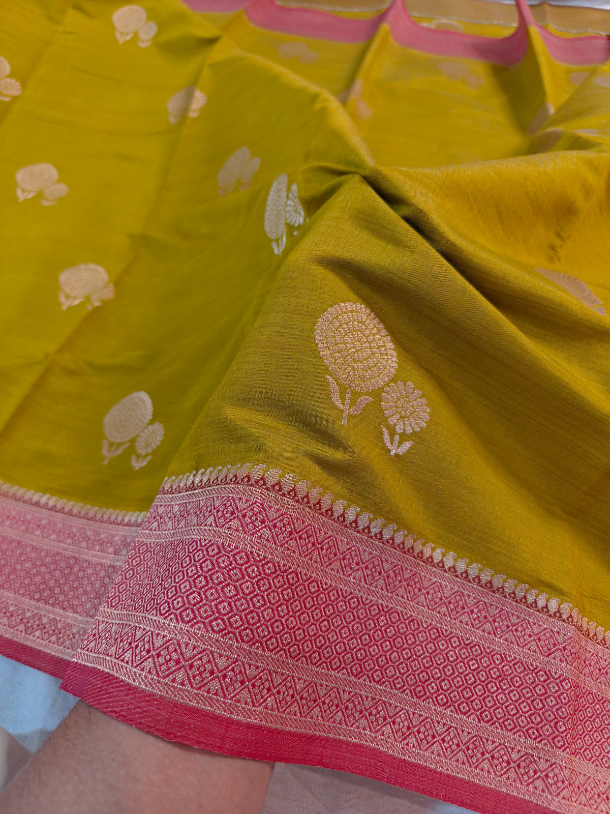 TUSSAR SILK VIBRANT MUSTARD OLIVE-YELLOW WITH SOFT PINK BORDER