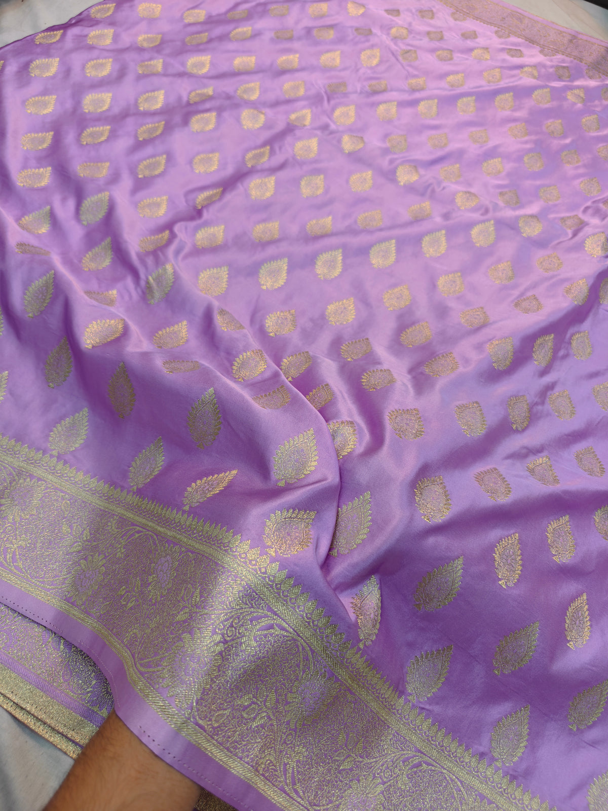 MASHRU KATAN LIGHT VIOLET WITH GOLDEN ZARI BORDER