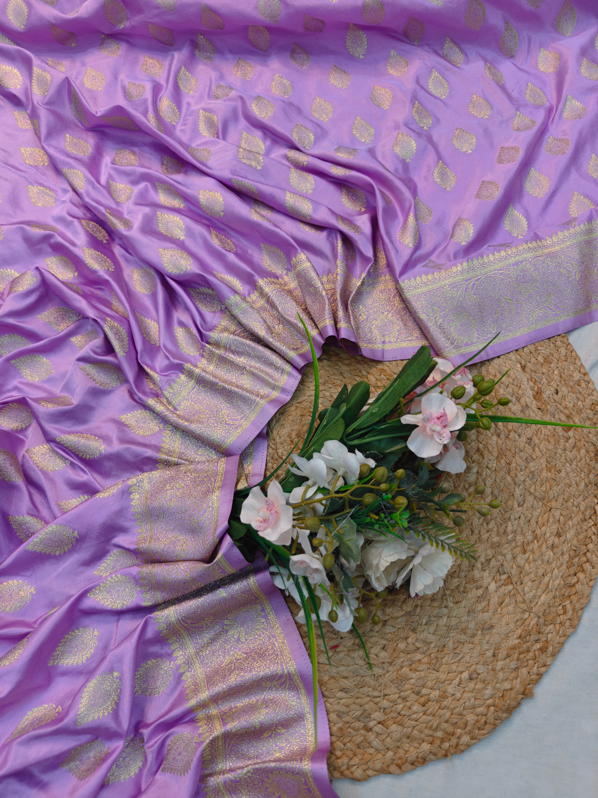 MASHRU KATAN LIGHT VIOLET WITH GOLDEN ZARI BORDER