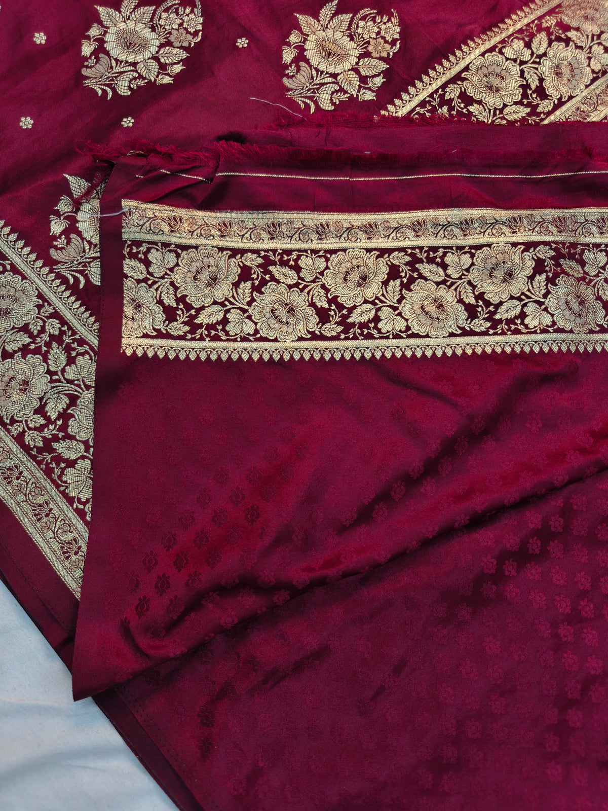 MASHRU KATAN DEEP MAROON WITH GOLDEN ZARI BORDER