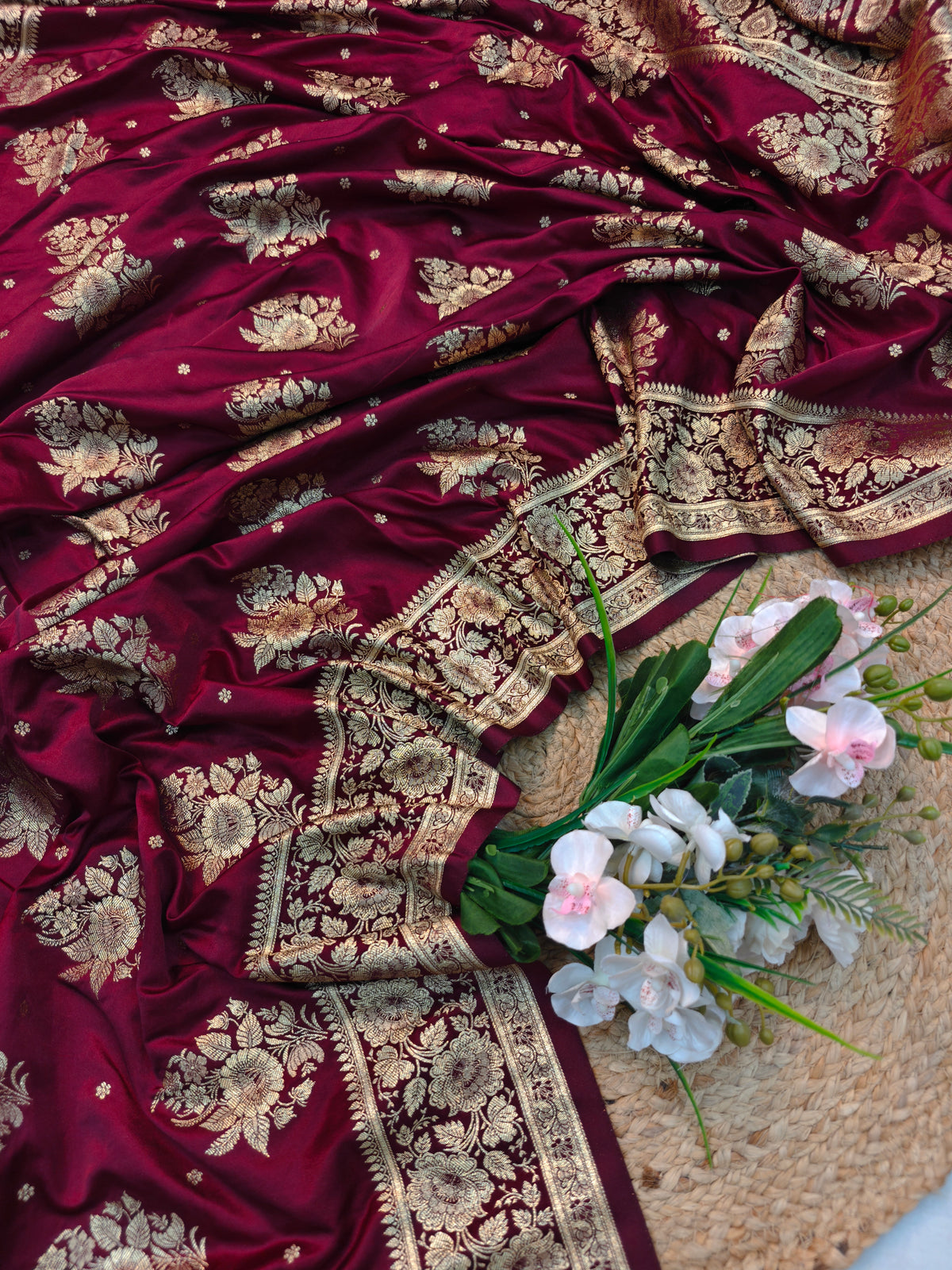 MASHRU KATAN DEEP MAROON WITH GOLDEN ZARI BORDER