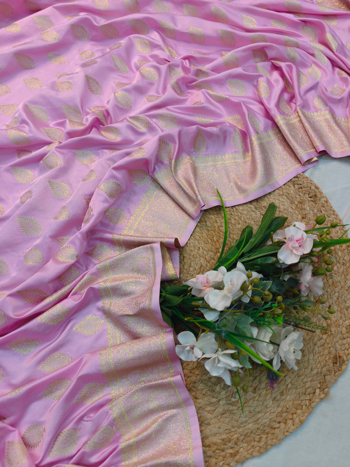 MASHRU KATAN BABY PINK WITH GOLDEN ZARI BORDER