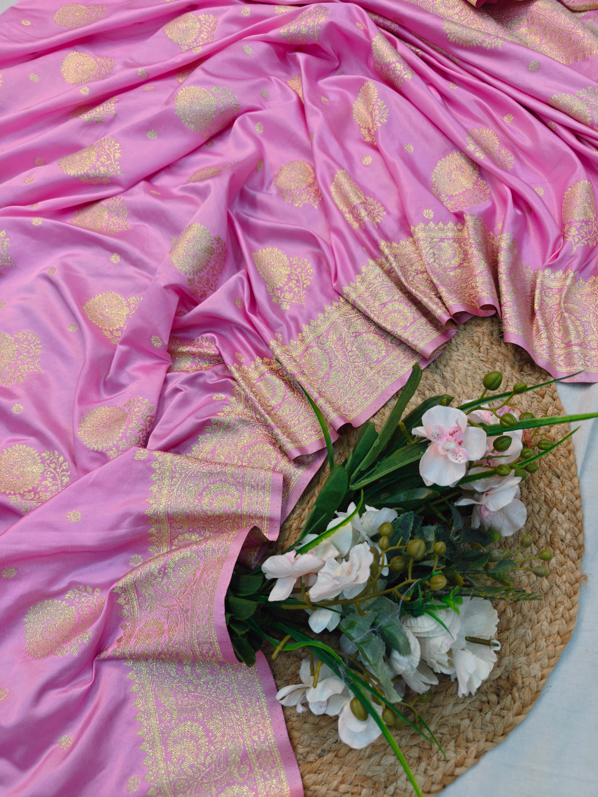 MASHRU KATAN LIGHT PINK WITH GOLDEN ZARI BORDER