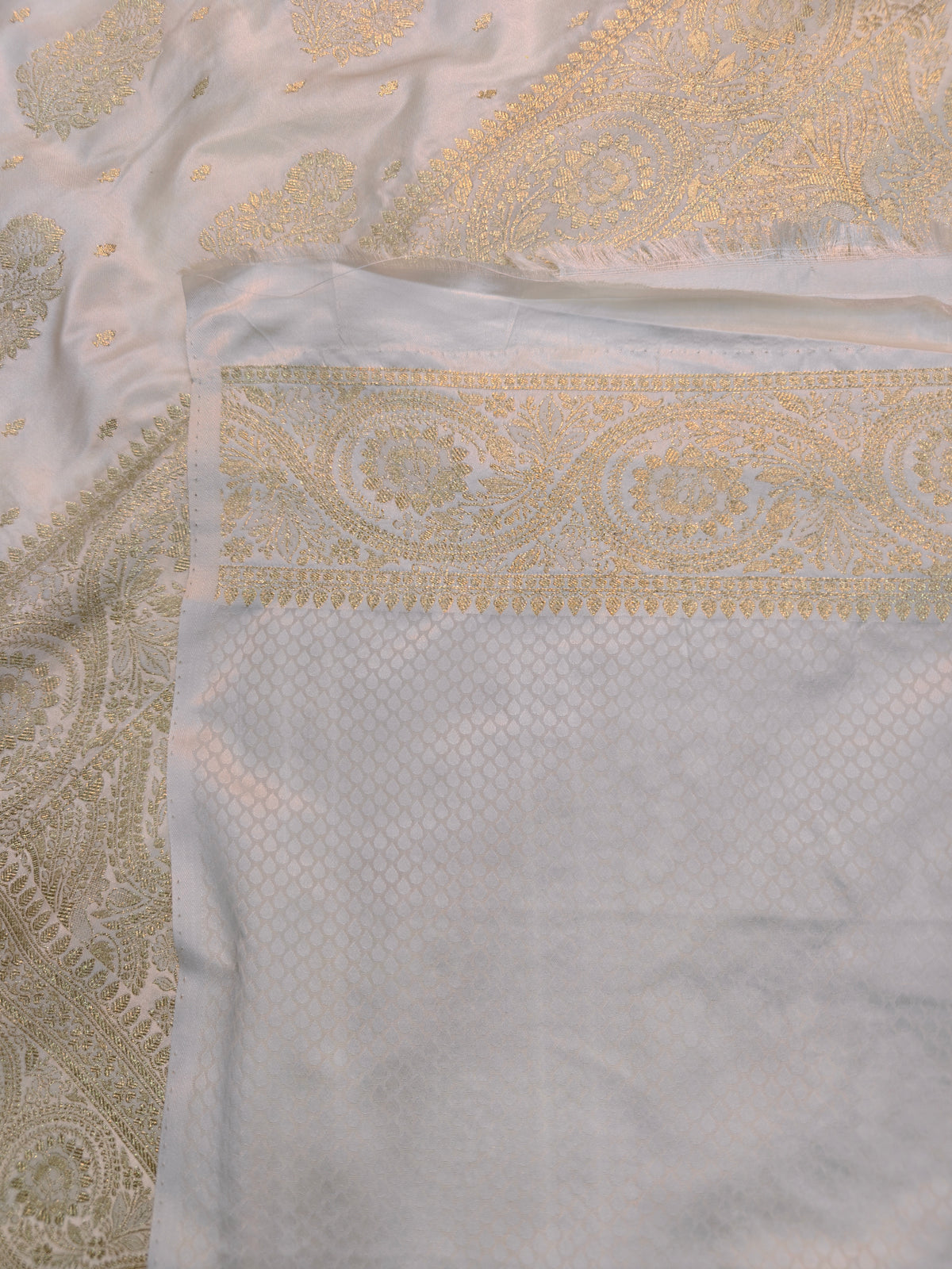 MASHRU KATAN WHITE WITH GOLDEN ZARI BORDER