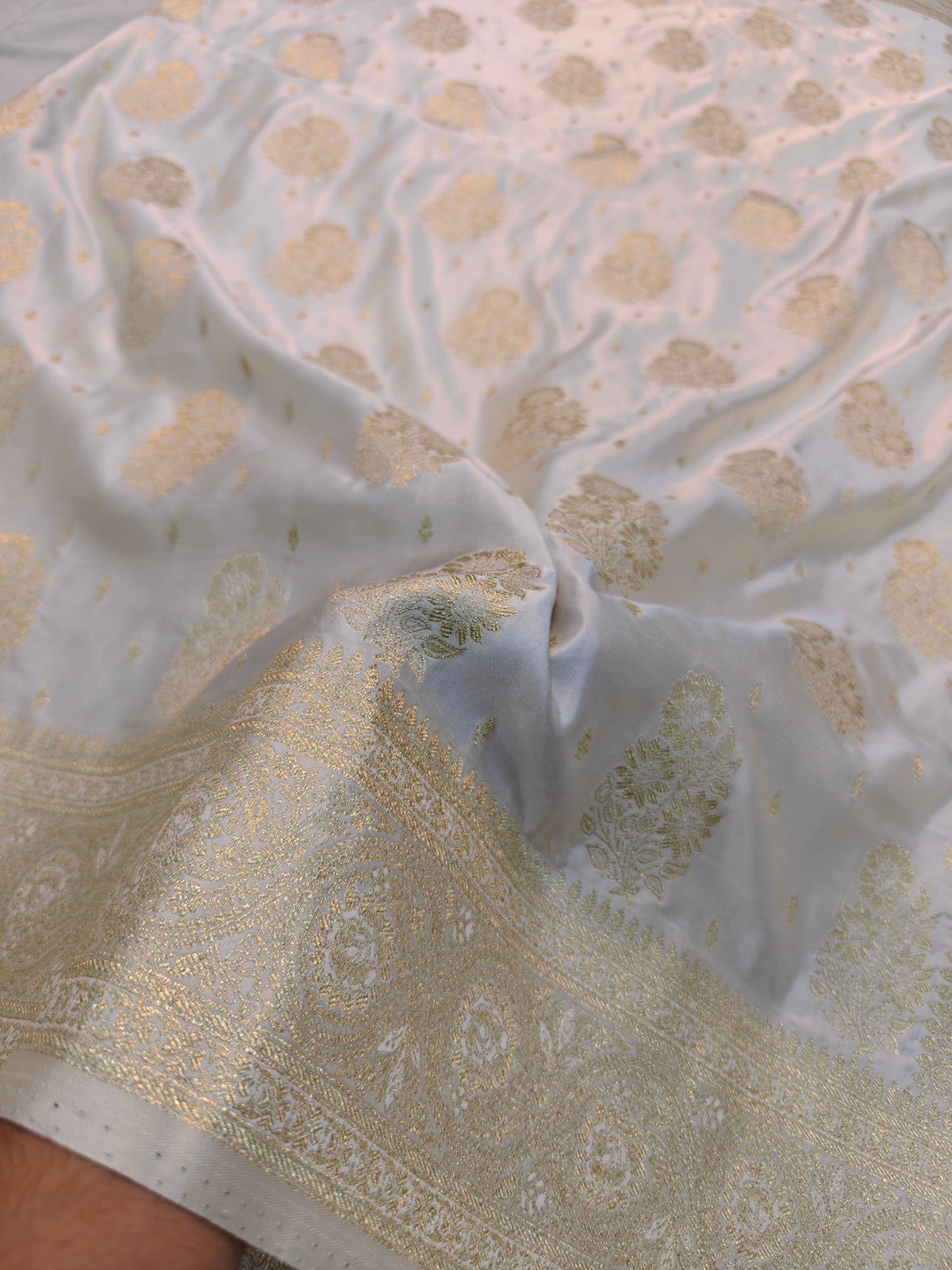 MASHRU KATAN WHITE WITH GOLDEN ZARI BORDER