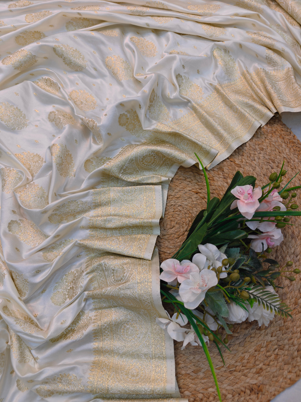 MASHRU KATAN WHITE WITH GOLDEN ZARI BORDER