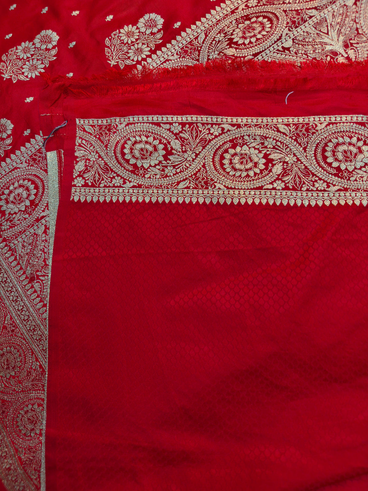 MASHRU KATAN CHERRY RED WITH GOLDEN ZARI BORDER