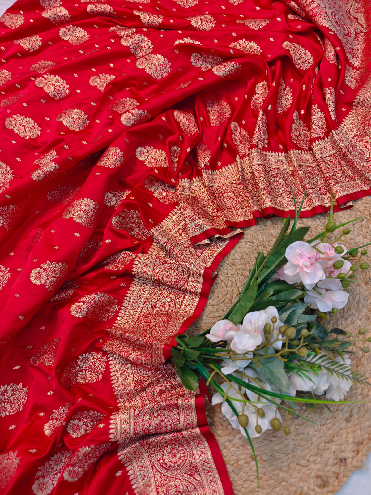 MASHRU KATAN CHERRY RED WITH GOLDEN ZARI BORDER