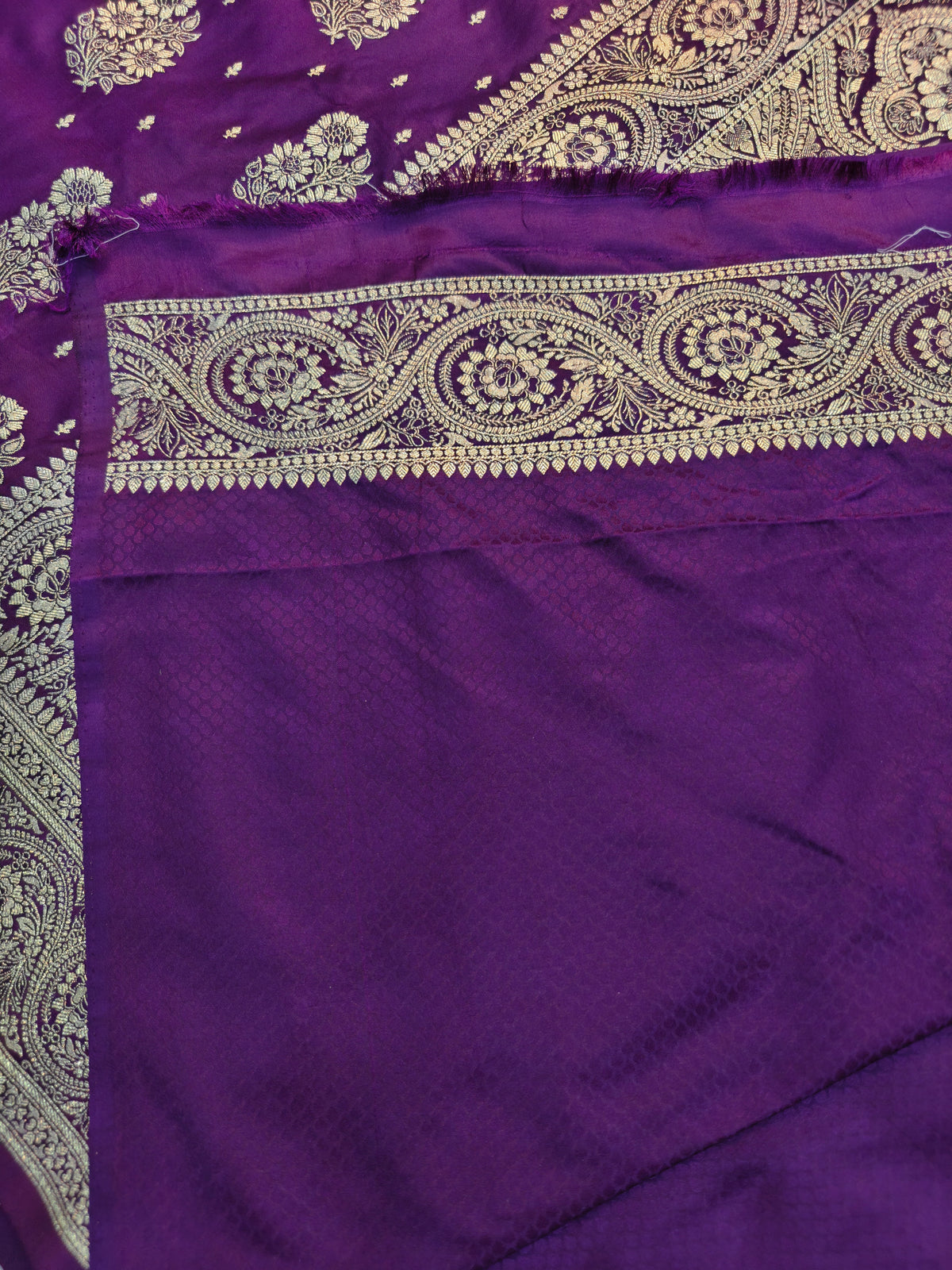 MASHRU KATAN DEEP PURPLE WITH GOLDEN ZARI BORDER