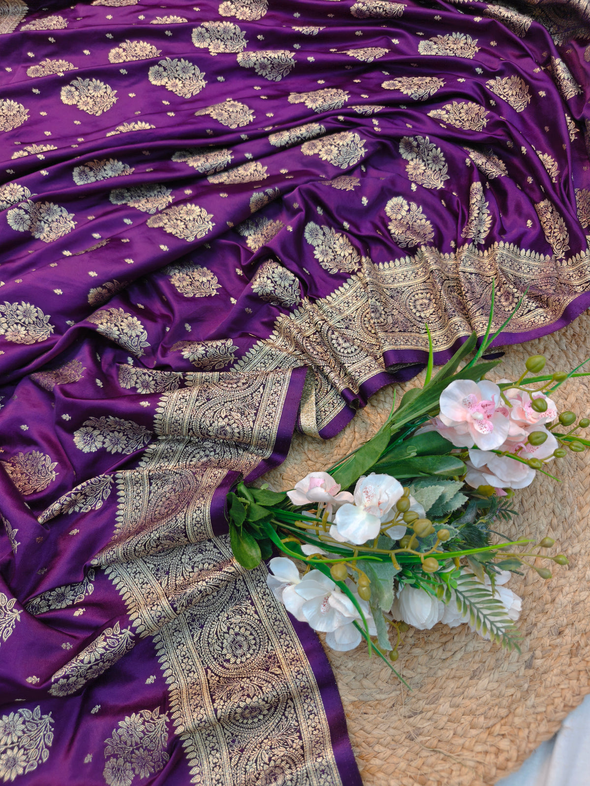 MASHRU KATAN DEEP PURPLE WITH GOLDEN ZARI BORDER