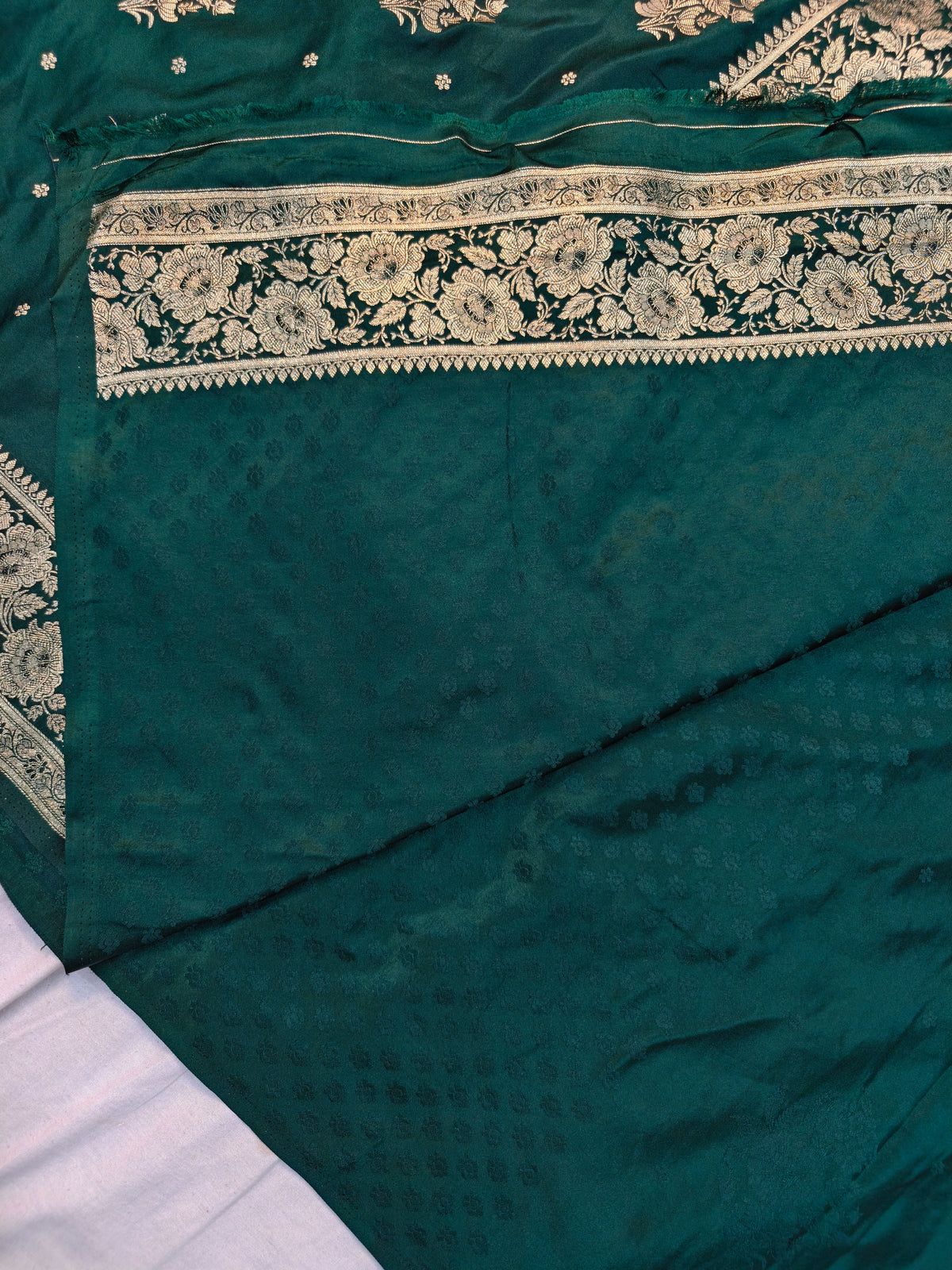 MASHRU KATAN TEAL GREEN WITH GOLDEN ZARI BORDER