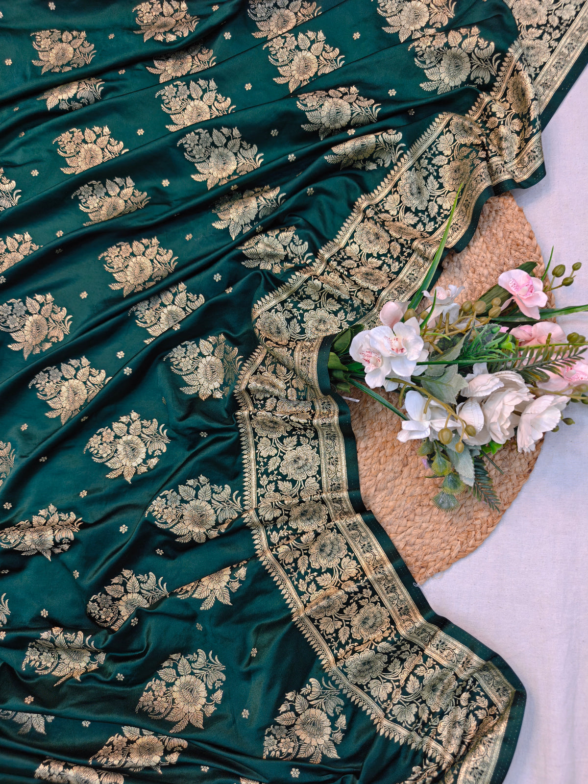 MASHRU KATAN TEAL GREEN WITH GOLDEN ZARI BORDER