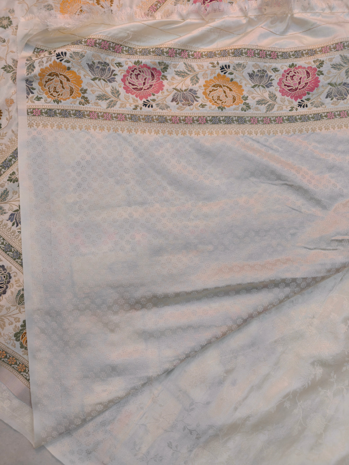MASHRU KATAN WHITE WITH MEENA KARI GOLDEN ZARI BORDER