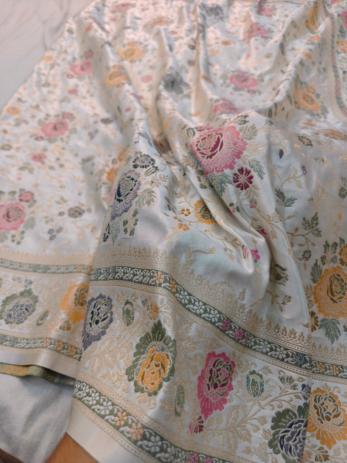 MASHRU KATAN WHITE WITH MEENA KARI GOLDEN ZARI BORDER