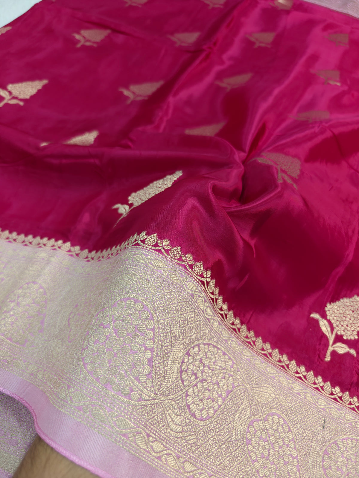 KOREAN SILK RANI WITH BABY PINK AND GOLDEN ZARI BORDER