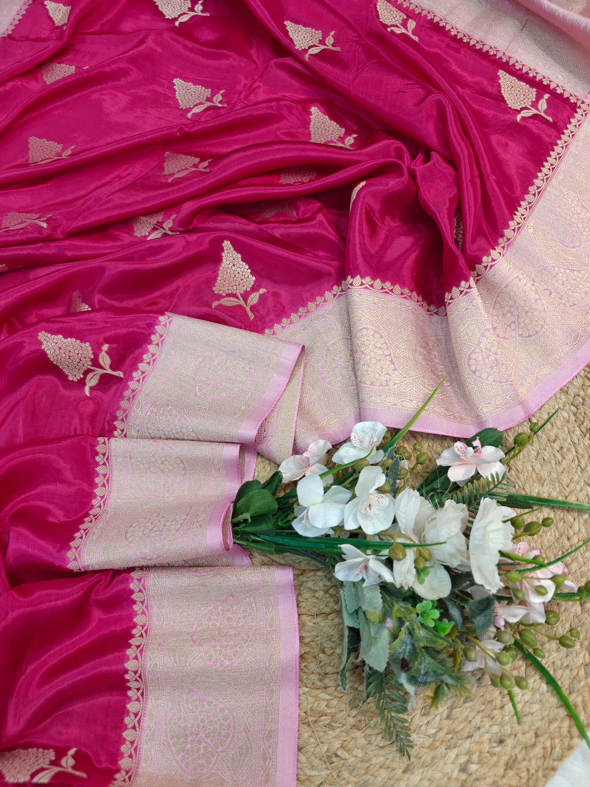 KOREAN SILK RANI WITH BABY PINK AND GOLDEN ZARI BORDER
