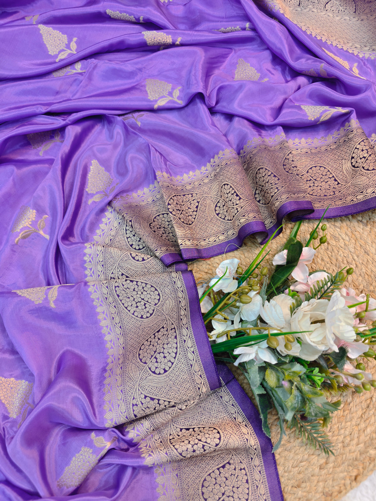 KOREAN SILK LIGHT PURPLE WITH PURPLE AND GOLDEN ZARI BORDER