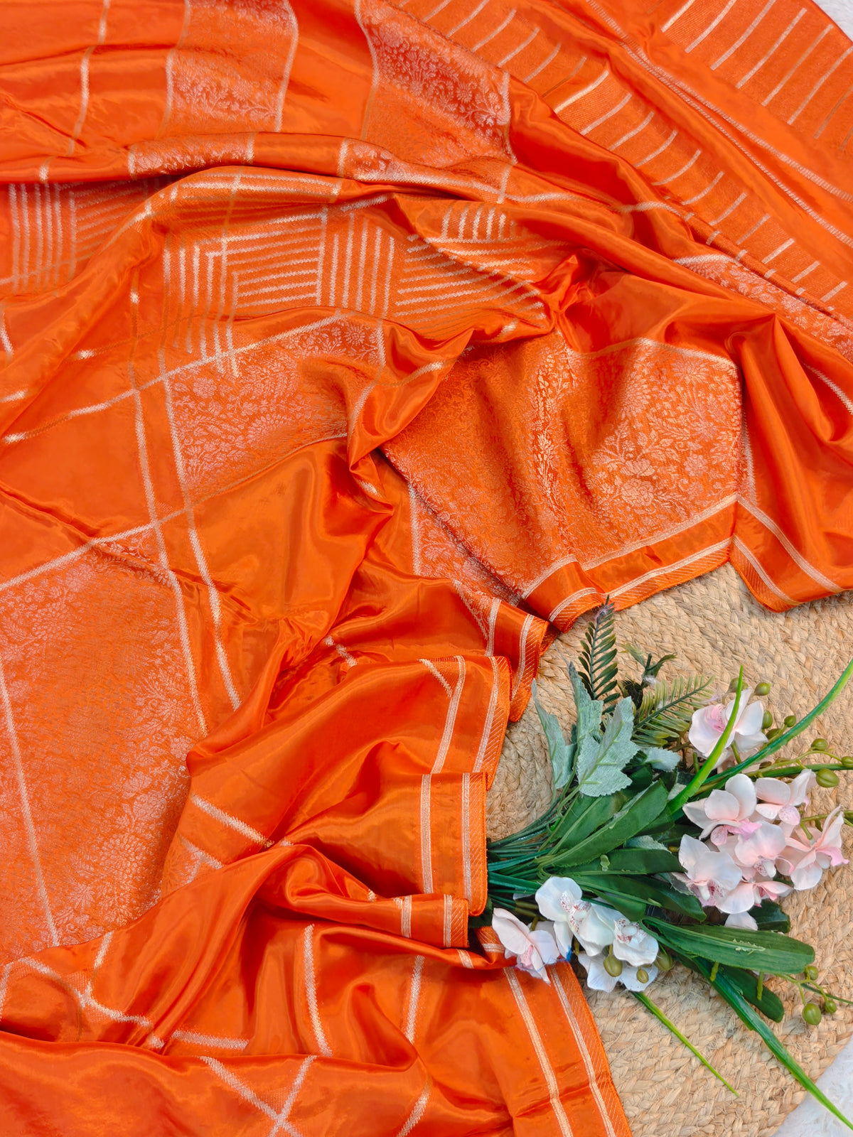 KOREAN SILK VIBRANT ORANGE WITH GOLDEN ZARI BORDER