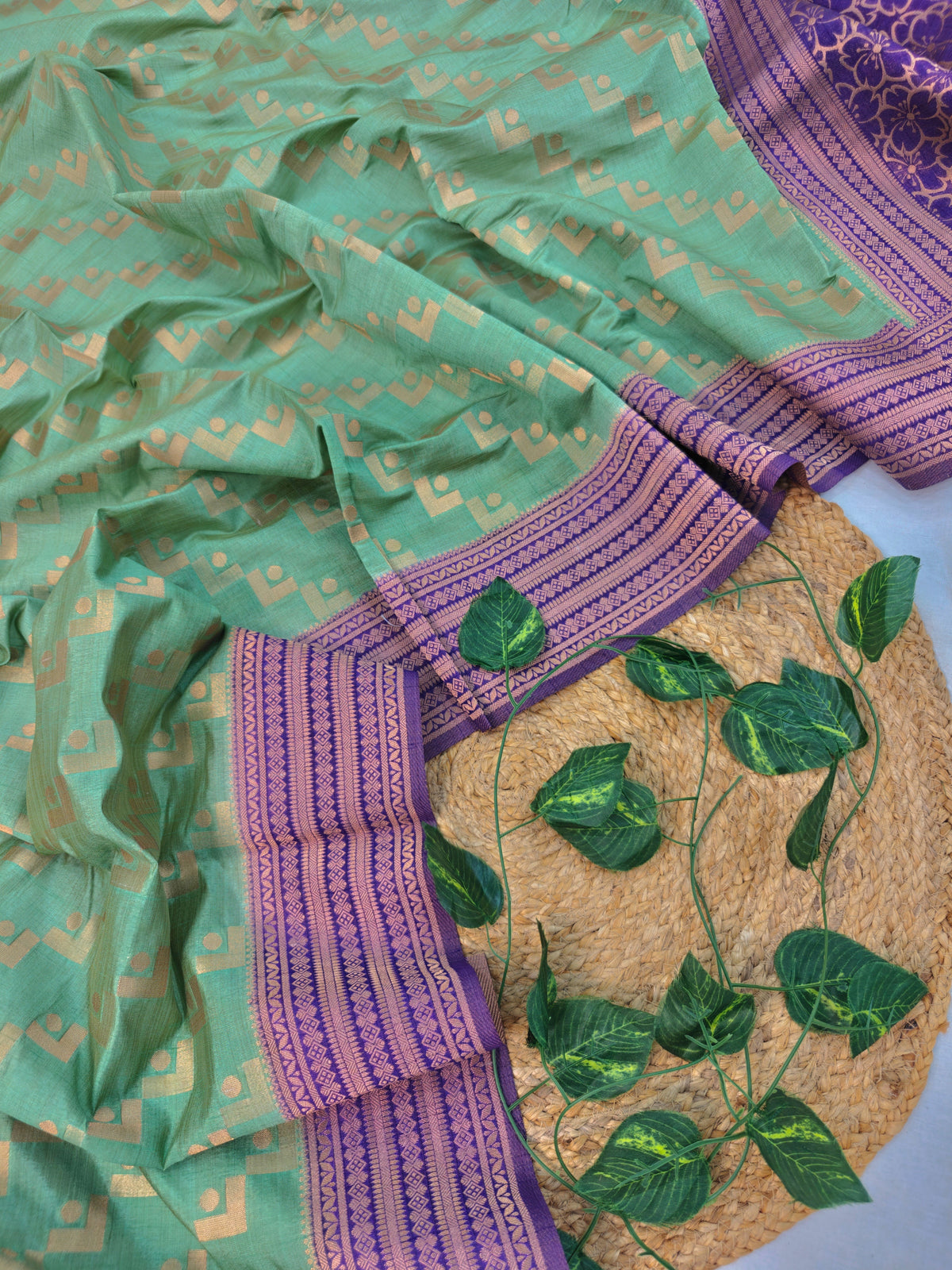 TUSSAR SILK PISTA GREEN WITH PURPLE BORDER
