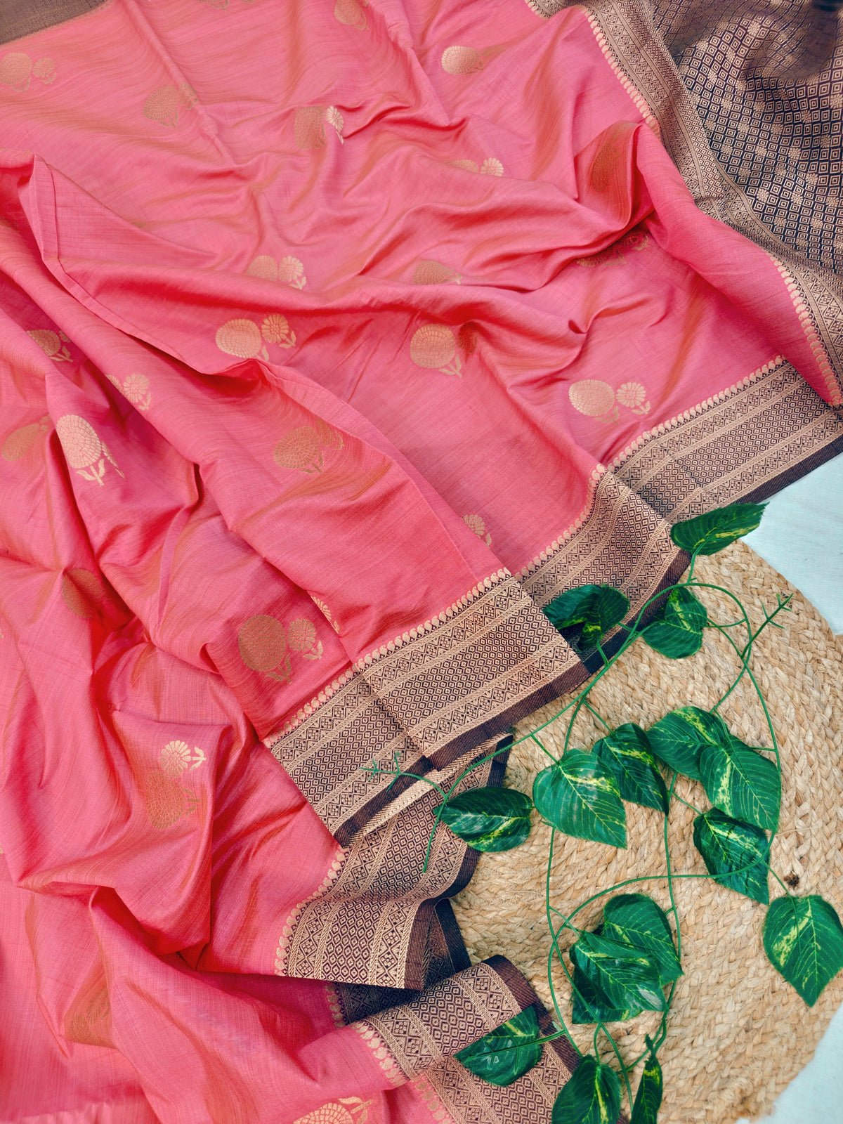 TUSSAR SILK BABY PINK ZARI WORK WITH COCOA BROWN BORDER