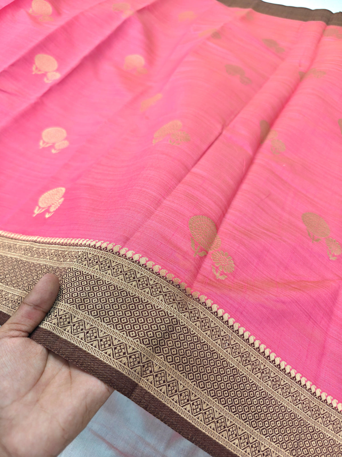 TUSSAR SILK BABY PINK ZARI WORK WITH COCOA BROWN BORDER