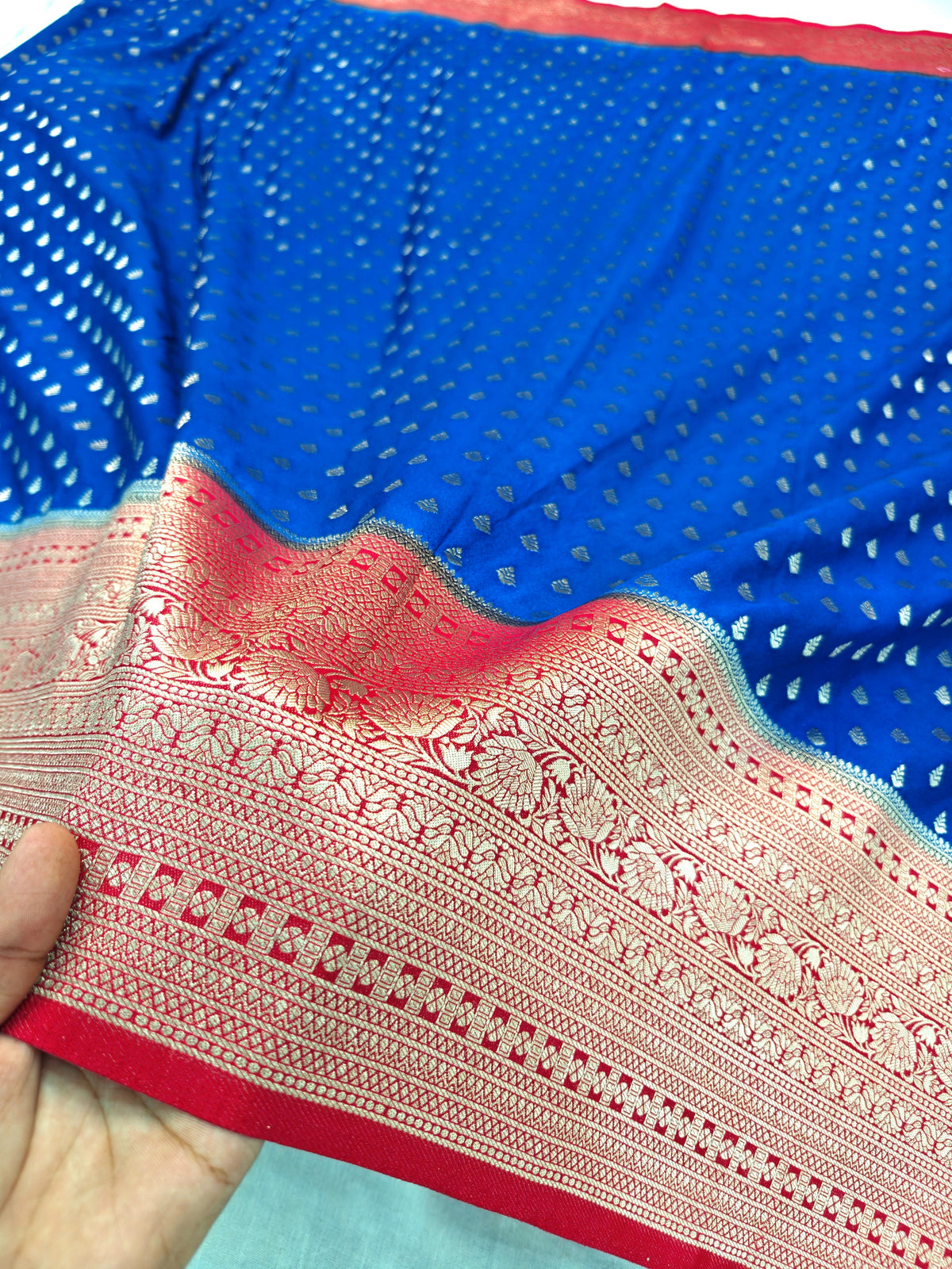 KHADDI GEORGETTE ROYAL BLUE GOLDEN ZARI WORK WITH CHERRY RED BORDER