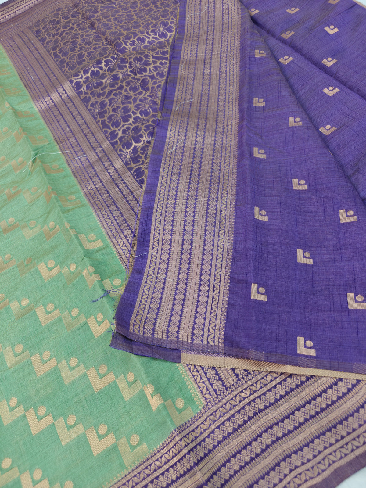 TUSSAR SILK PISTA GREEN WITH PURPLE BORDER