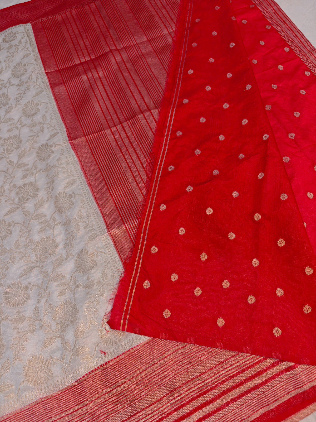 RAW SILK WHITE WITH GOLDEN AND CHERRY RED ZARI BORDER