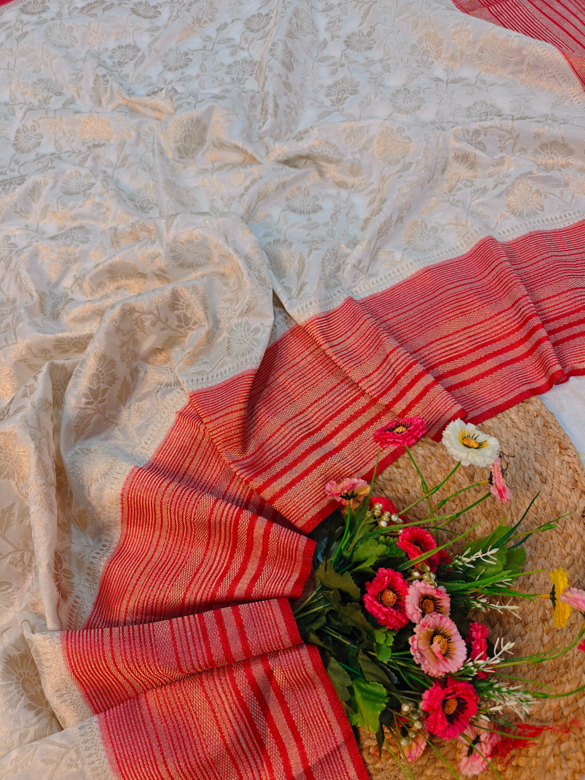 RAW SILK WHITE WITH GOLDEN AND CHERRY RED ZARI BORDER