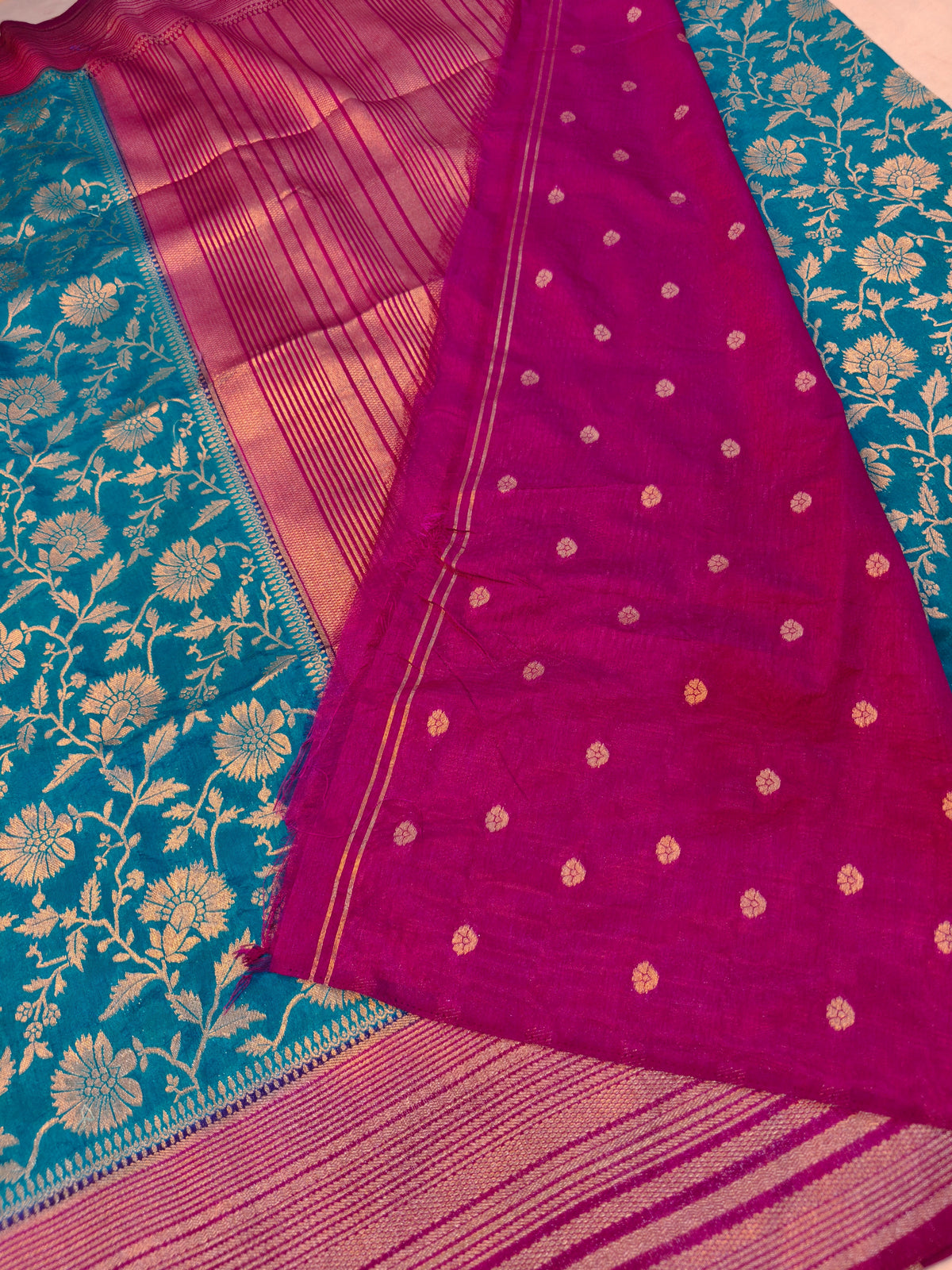 RAW SILK TEAL BLUE WITH GOLDEN ZARO FLORAL MAGENTA BORDER