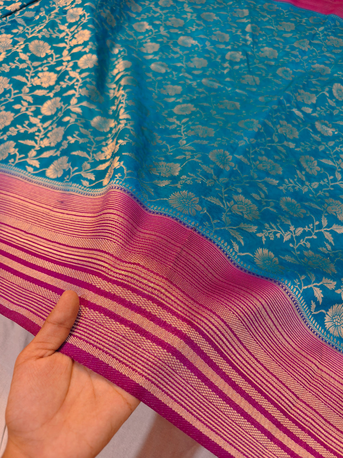 RAW SILK TEAL BLUE WITH GOLDEN ZARO FLORAL MAGENTA BORDER