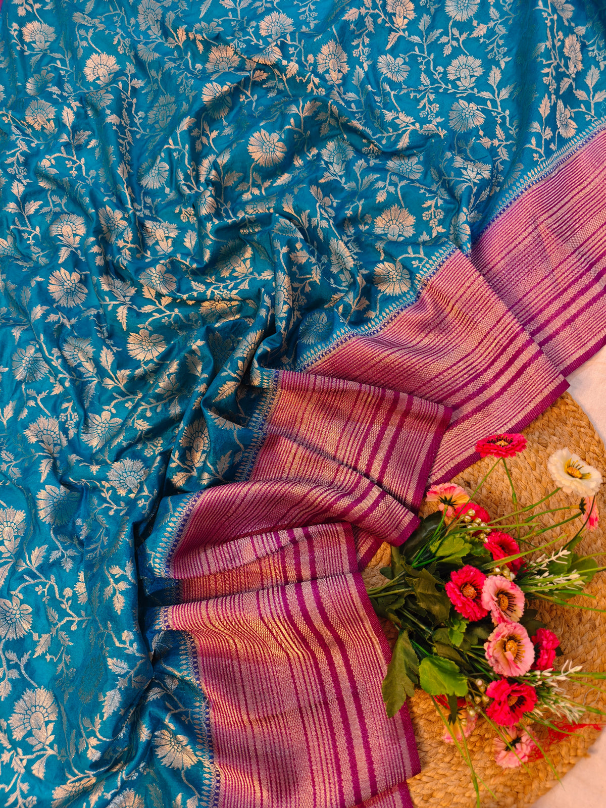 RAW SILK TEAL BLUE WITH GOLDEN ZARO FLORAL MAGENTA BORDER