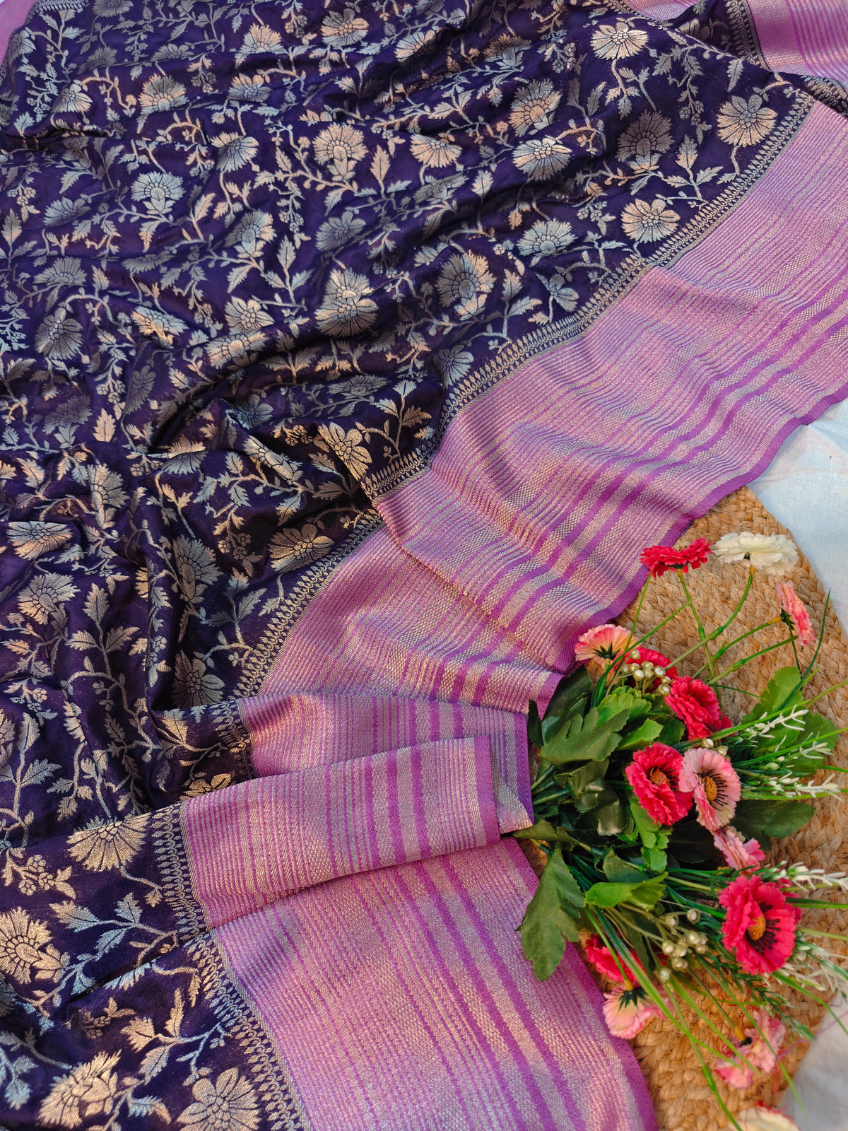 RAW SILK SAREE PURPLE WITH GOLDEN ZARI FLORAL BORDER