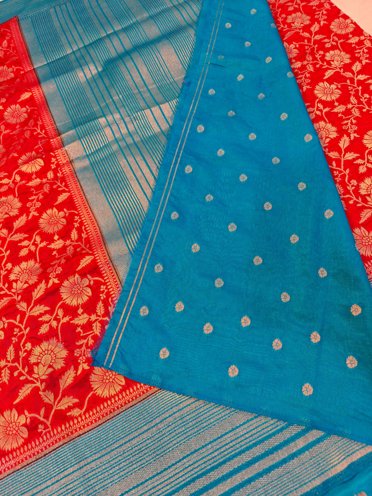 RAW SILK VIBRENT RED WITH GOLDEN ZARI FLORAL BORDER