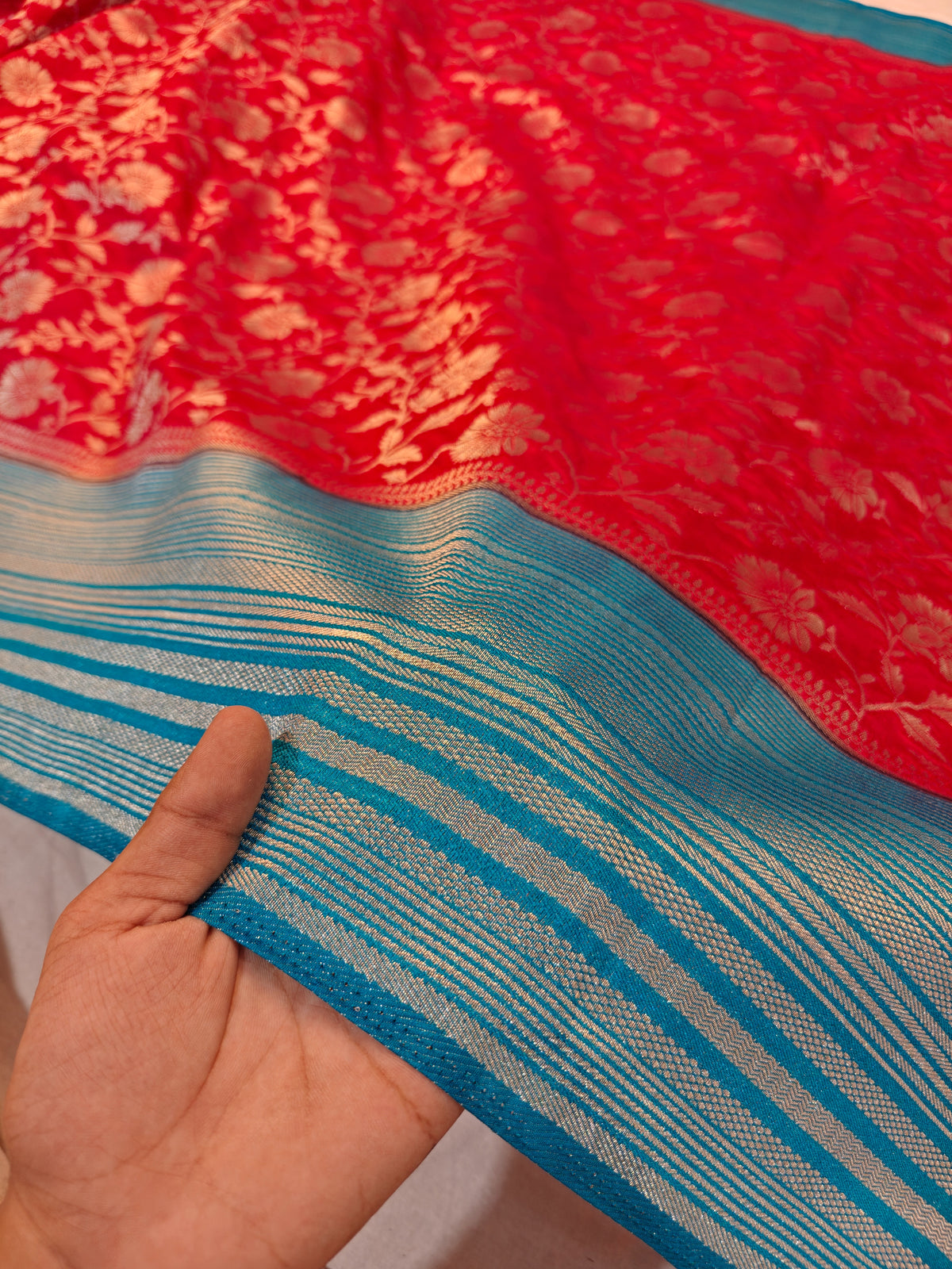 RAW SILK VIBRENT RED WITH GOLDEN ZARI FLORAL BORDER