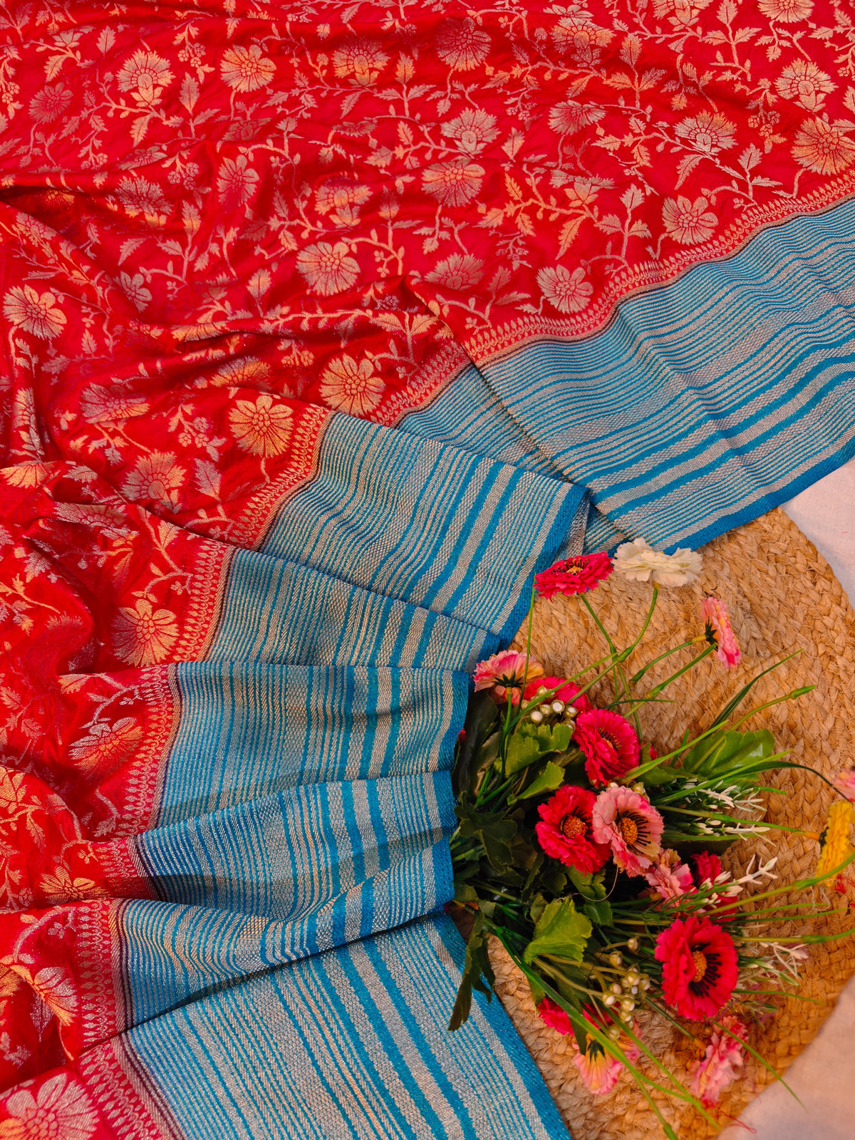 RAW SILK VIBRENT RED WITH GOLDEN ZARI FLORAL BORDER