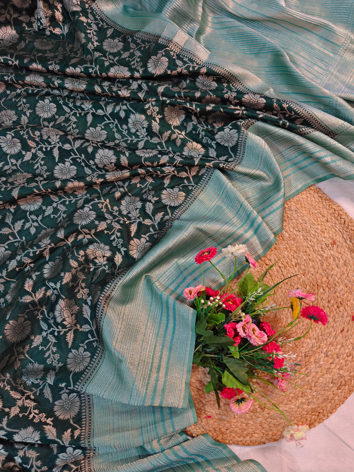 RAW SILK SAREE DEEP GREEN WITH GOLDEN FLORAL ZARI BORDER