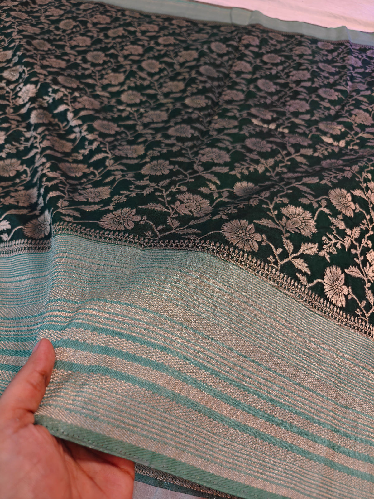 RAW SILK SAREE DEEP GREEN WITH GOLDEN FLORAL ZARI BORDER