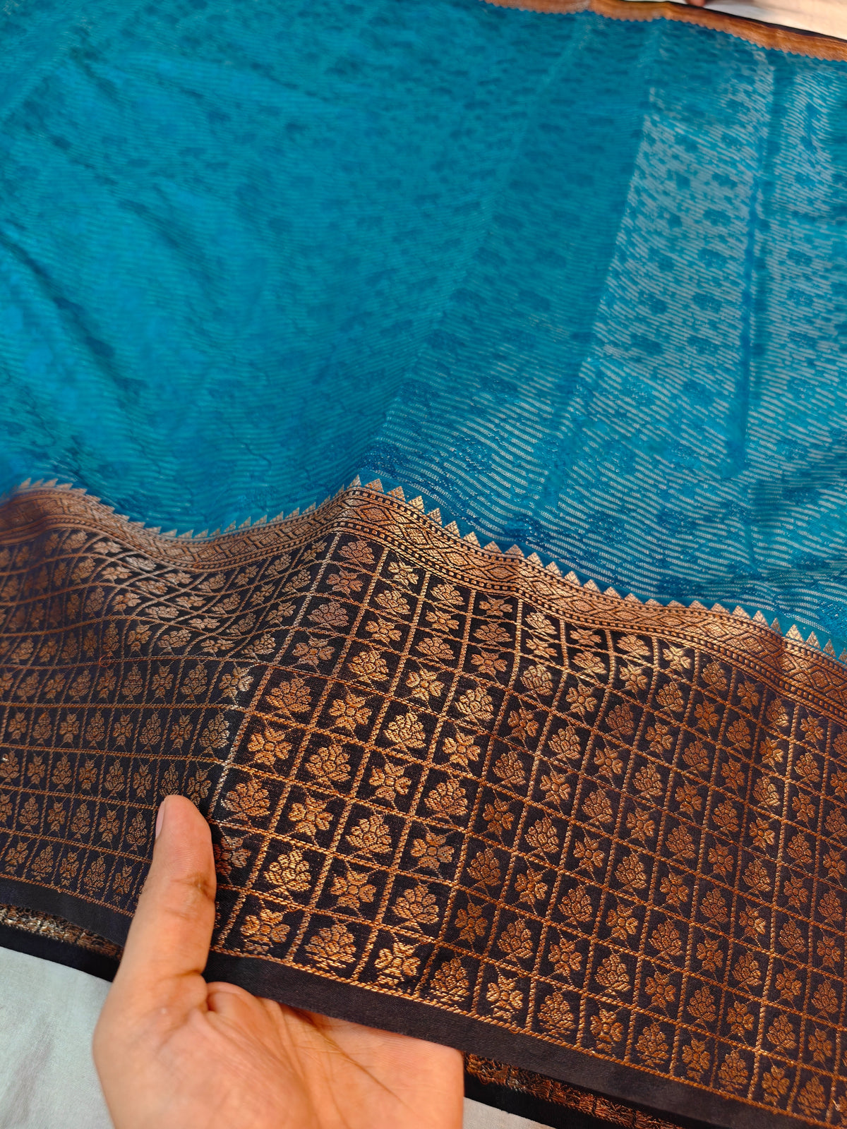 DOLA SILK PEACOCK BLUE WITH GOLD ZARI BLACK BORDER