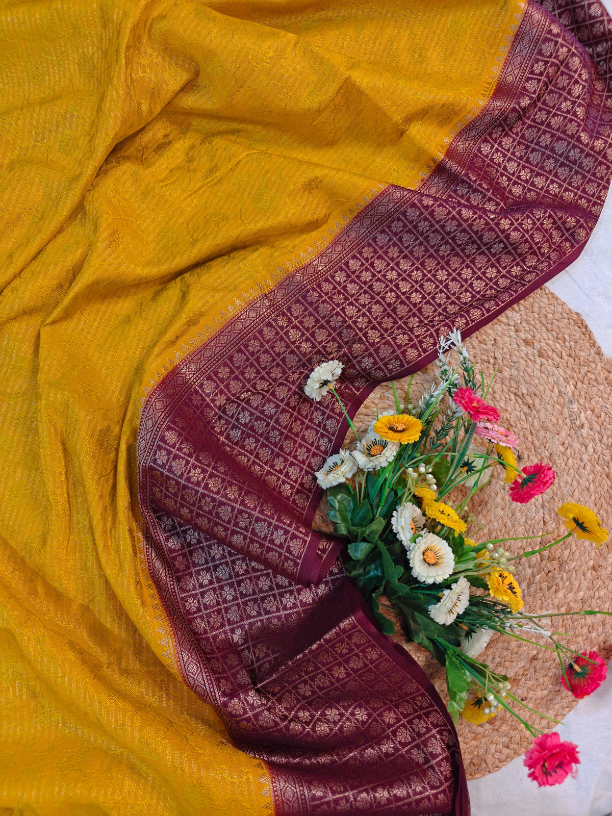 DOLA SILK VIBRANT SUNNY YELLOW WITH GOLDEN ZARI BORDER