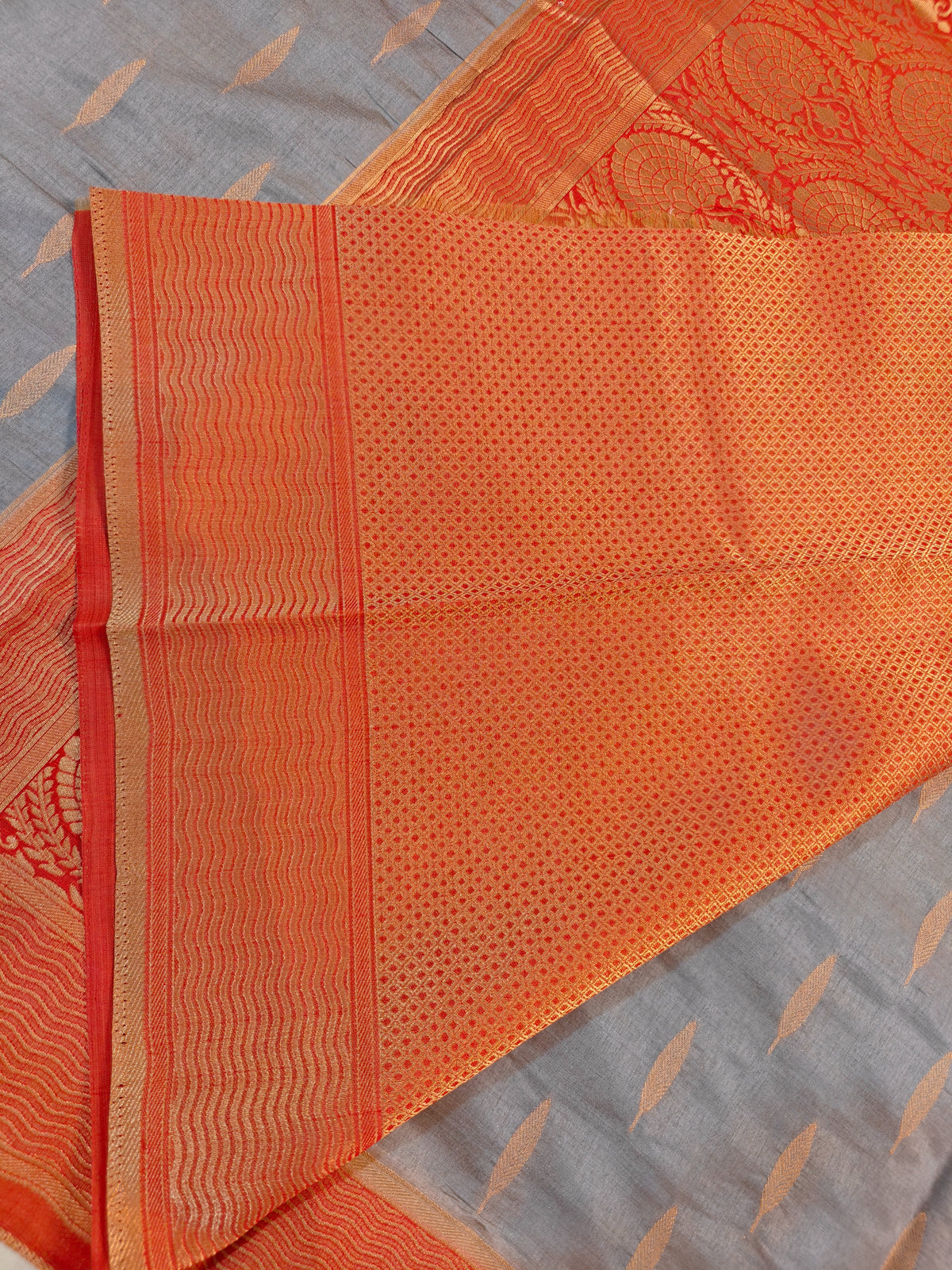 TUSSAR SILK SAREE ORANGE WITH GOLDEN MOTIFS RUST ORANGE BORDER